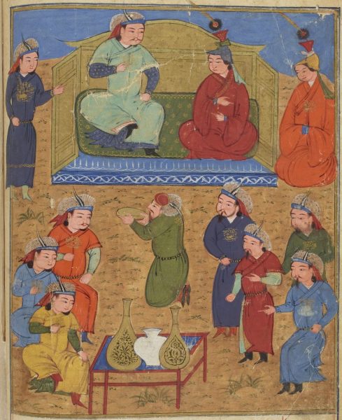 Абага, монгольский правитель Персии, сидящий с одной из своих жен на троне