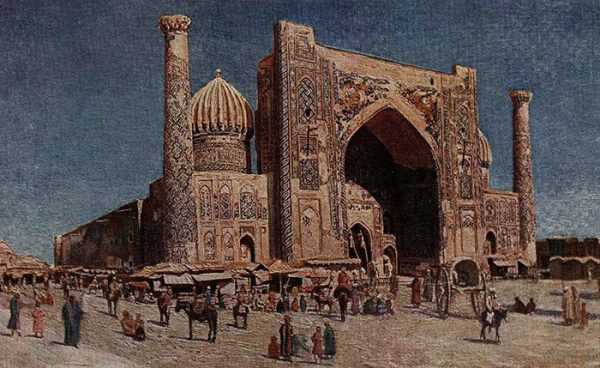 Медресе Шир-Дор в Самарканде. XVII в. Картина художника Л. Бурэ