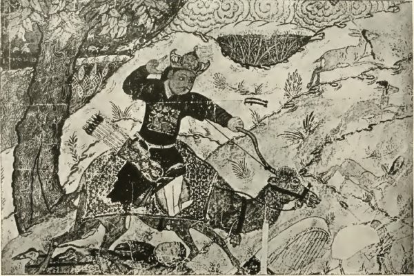 Персидская миниатюра. Бахрам Гур на охоте среди ландшафта.