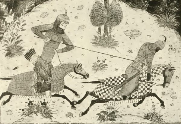 Персидская миниатюра. Поединок рыцарей.