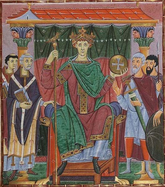 Император Оттон III с двумя епископами и двумя воинами. Миниатюра из "Евангелия Оттона III" (конец X в.)