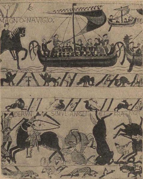 Детали ковра из Байэ (конец XI в.). Сцены отплытия норманов в Англию и битвы при Гастингсе