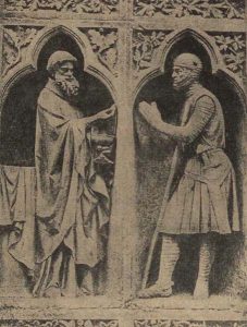 Священник, подающий причастие рыцарю. Скульптурная группа в нишах внутренней западной стены собора в Реймсе (вторая половина XIII в.)