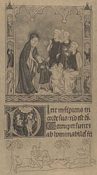 Миниатюра из английской рукописи "Псалтырь королевы Мэри" (XIV в.)