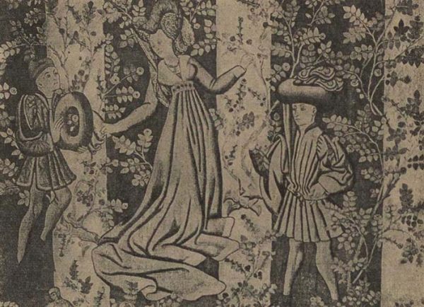 Дама с кавалерами в саду. Гобелен из Арраса (сер. XV в.)
