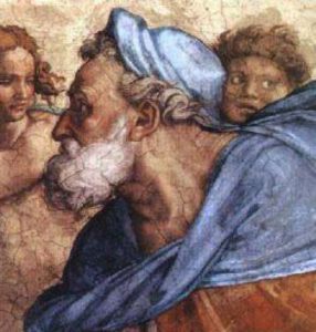 Микельанджело. Голова пророка Иезекиила. Деталь фрески потолка Сикстинской капеллы в Риме